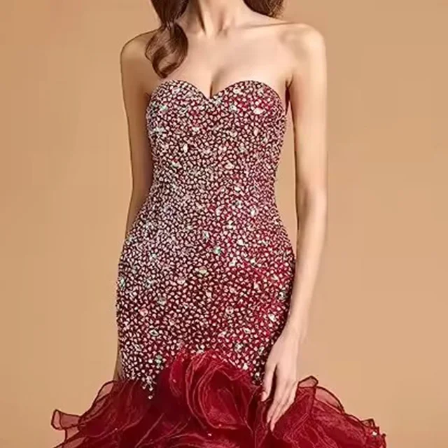 Custom sexy modest women prom red evening dress tube sleeveless bodycon sequin straight folding lace cake-dress maxi dresses
