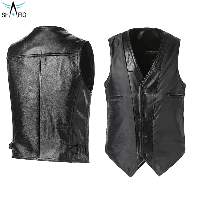 Однотонный черный цвет с боковыми карманами на молнии и V-образным вырезом удобная мужская одежда кожаный жилет от Shafiq Sports