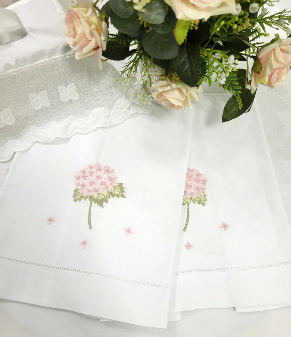 Luxury High Quality White Cotton Hand Towel Custom Embroidered with Pink Hydrangea Design for Home Sports Weddings