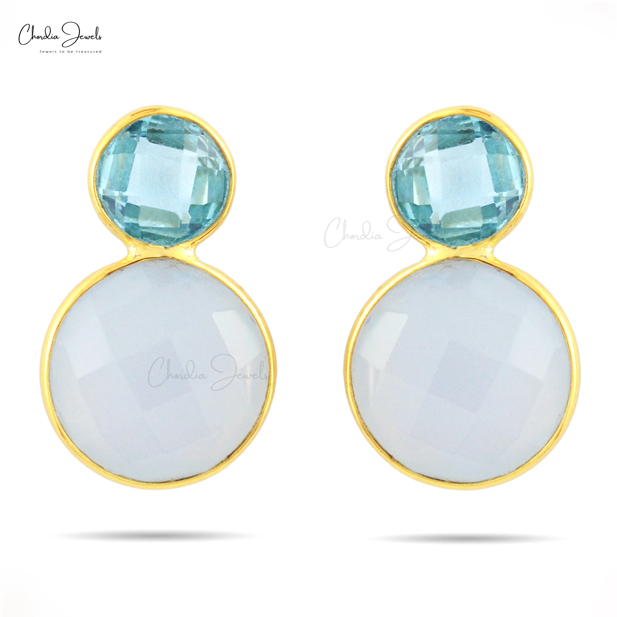 Top Quality 925 Sterling Silver Gemstone Wire Set Studs Natural Blue Chalcedony & Swiss Blue Topaz Stud Earrings At Offer Price