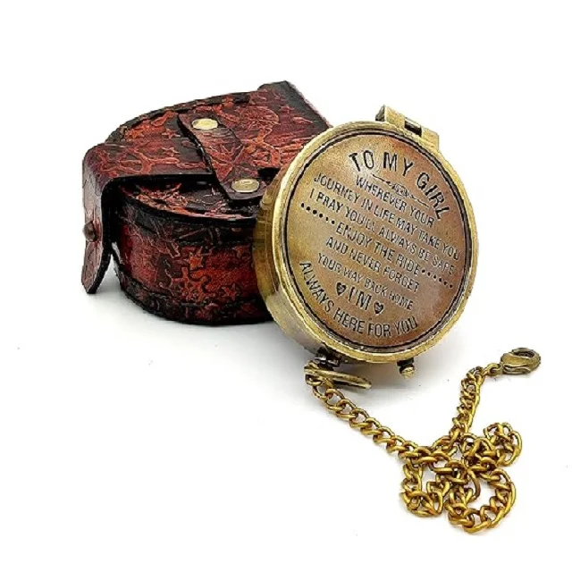 US Coast Guard Engraved Brass unique Compass Nautical Marine Gift Navigation Compass for Hiking Camping with Leather Case