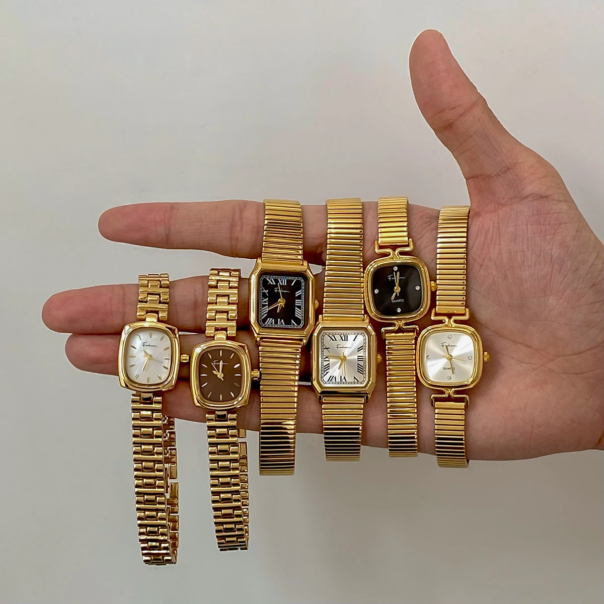 18k Gold Stainless Steel Square White Ribbed Quartz Strap Watch