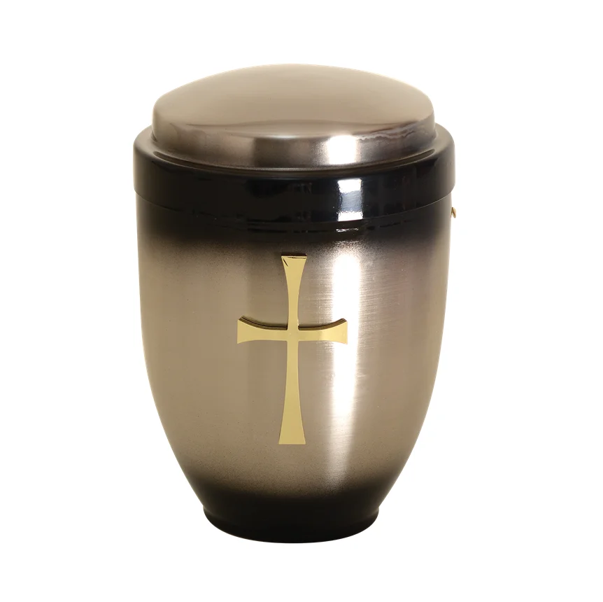 Gold and Black Metal Cremation Urn with Christ Cross Modern Design Metal Ashes Storage Urn for Funeral Supplies