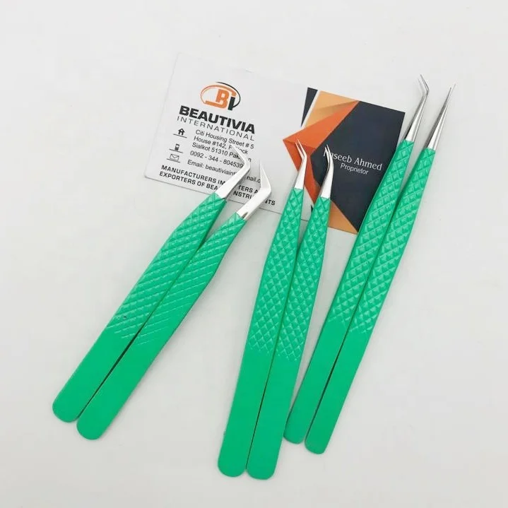 Light Green Color Coated Stainless Steel Eyelash Extension Tweezers With Private Logo