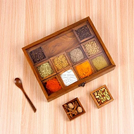 Best Quality Wooden Spice Box Containers With Spoon in Wood - Wooden Spice Box Set for Kitchen Hotel Restaurant Direct Factory
