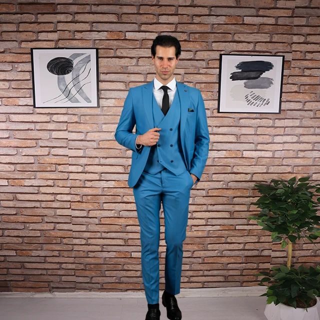 Cool Blue Men Suits 3 Piece Slim Fit Wedding Groom Party Wear Coat Pant,Summer Winter Suit Formal Suit Business Set