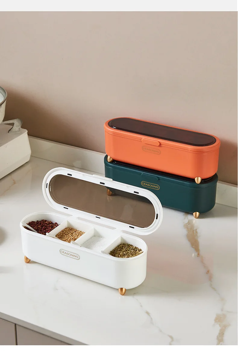 Modern Household Kitchen PP Compartment Seasoning Box Salt Sugar Msg Storage Box Combination Set