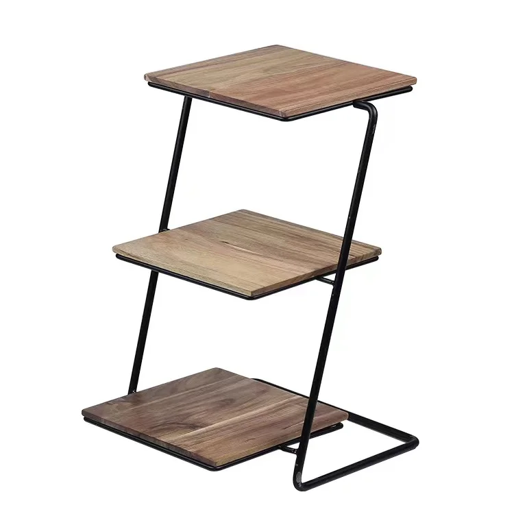 Diyue Kitchen Table Corner Spice Pot Storage Organizer 3-Tier Wedding Cake Display Acacia Wood Serving Plate with Iron Rack