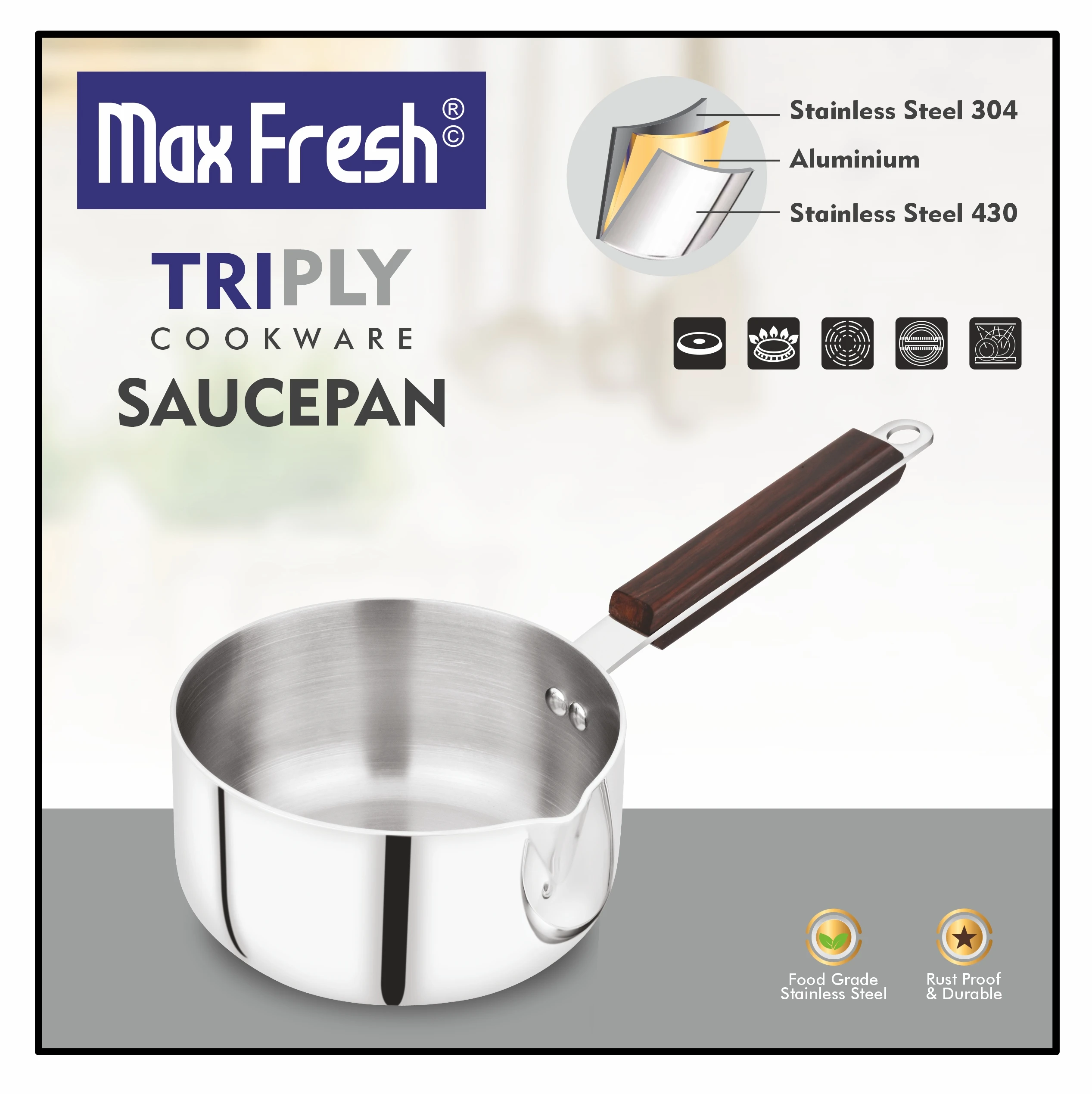 Maxfresh Modern Design Premium Triply Sauce Pan Durable Wooden Steel Handle 3 Layers Bottom Cookware Product