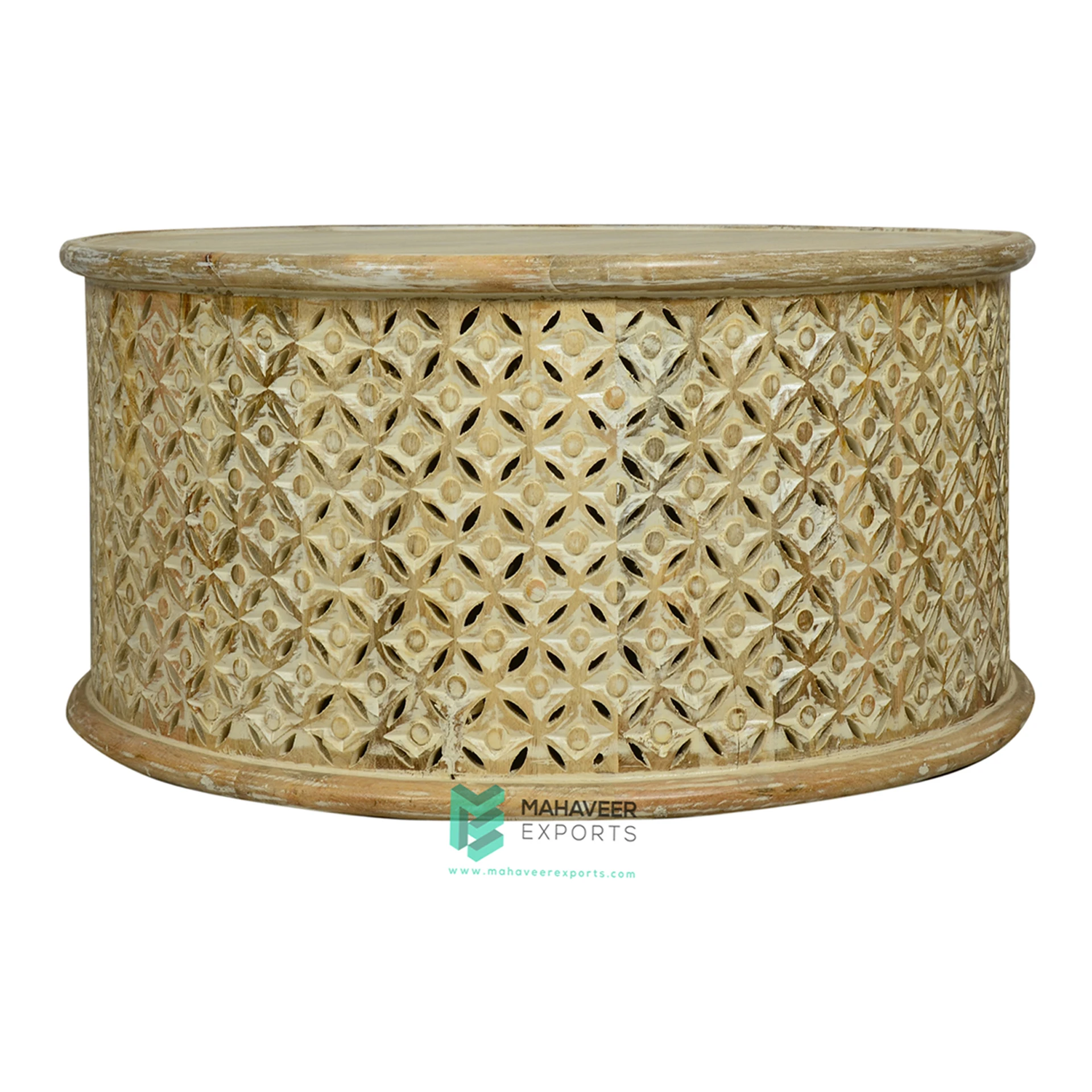 Best Selling Wooden Hand Carved Coffee Table White Distressed Finish Antique Designed Furniture for Living Room / Drawing Room