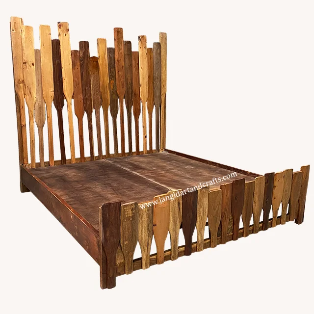 Vintage Wooden Furniture Hotel Bedroom Furniture made from Indian Reclaimed Wood Antique Old Boat Oar Chappu Maharaja Double Bed