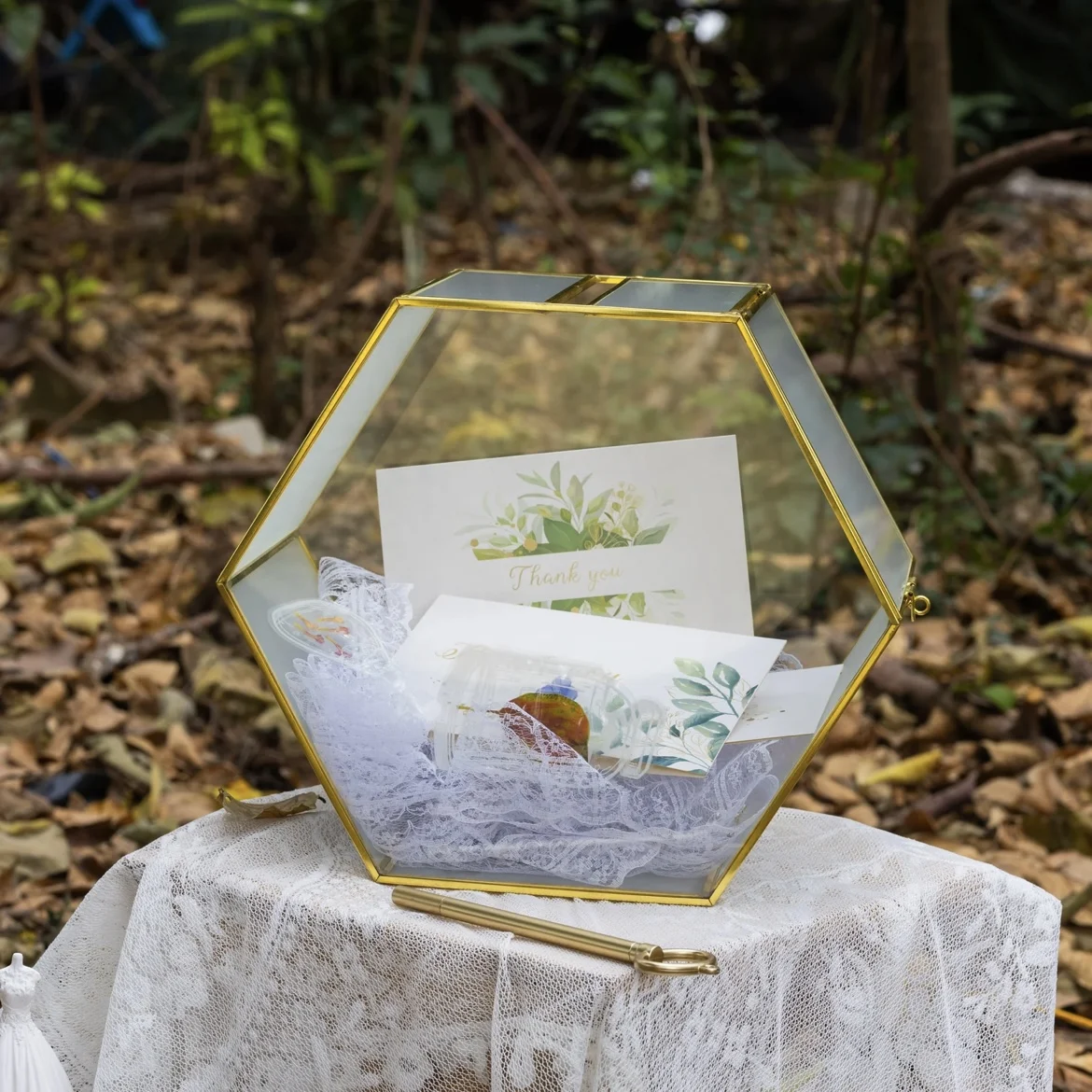 Modern Luxury Wedding Glass Card Box Hexagon Gold Brass and Glass Envelope and Wishing Well Box with Slot
