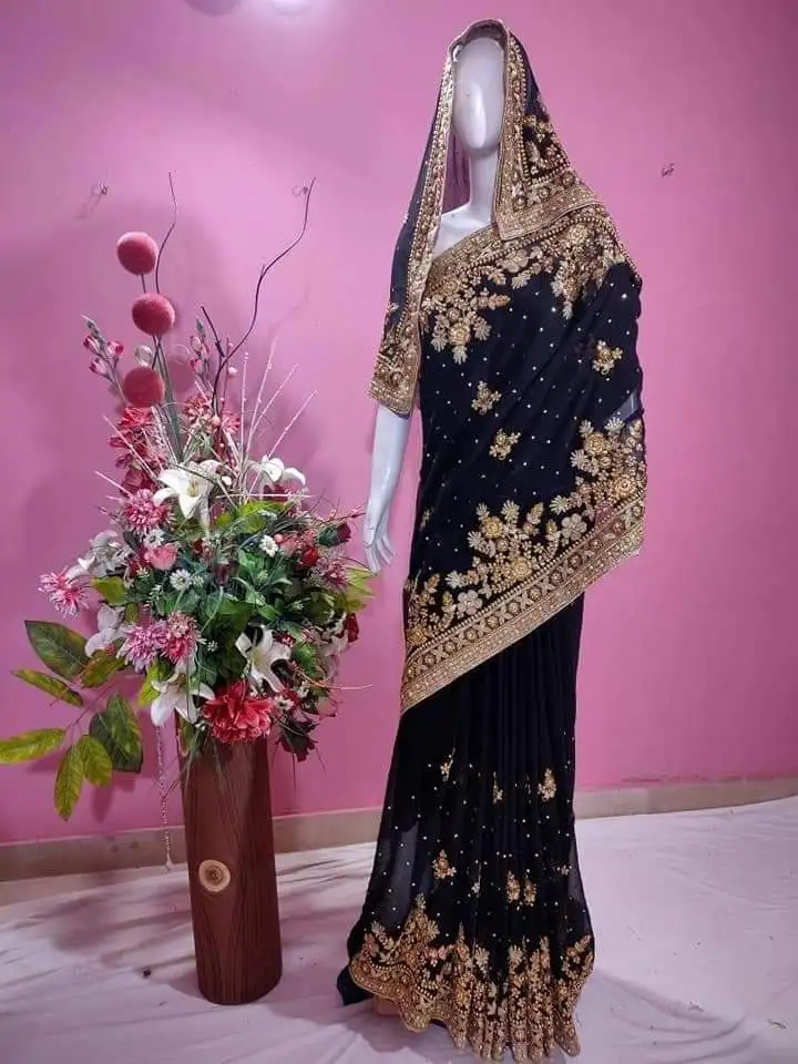 Indian/Pakistani Embroidered Chiffon Zari Work Saree Hot Selling Product 2022