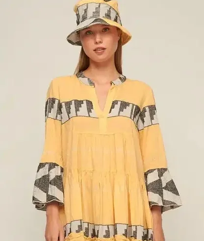 New Arrival Printed Full Sleeve Cotton Midi Dress Indian Hand Block Print Dress With Hat For Summer Beach Party