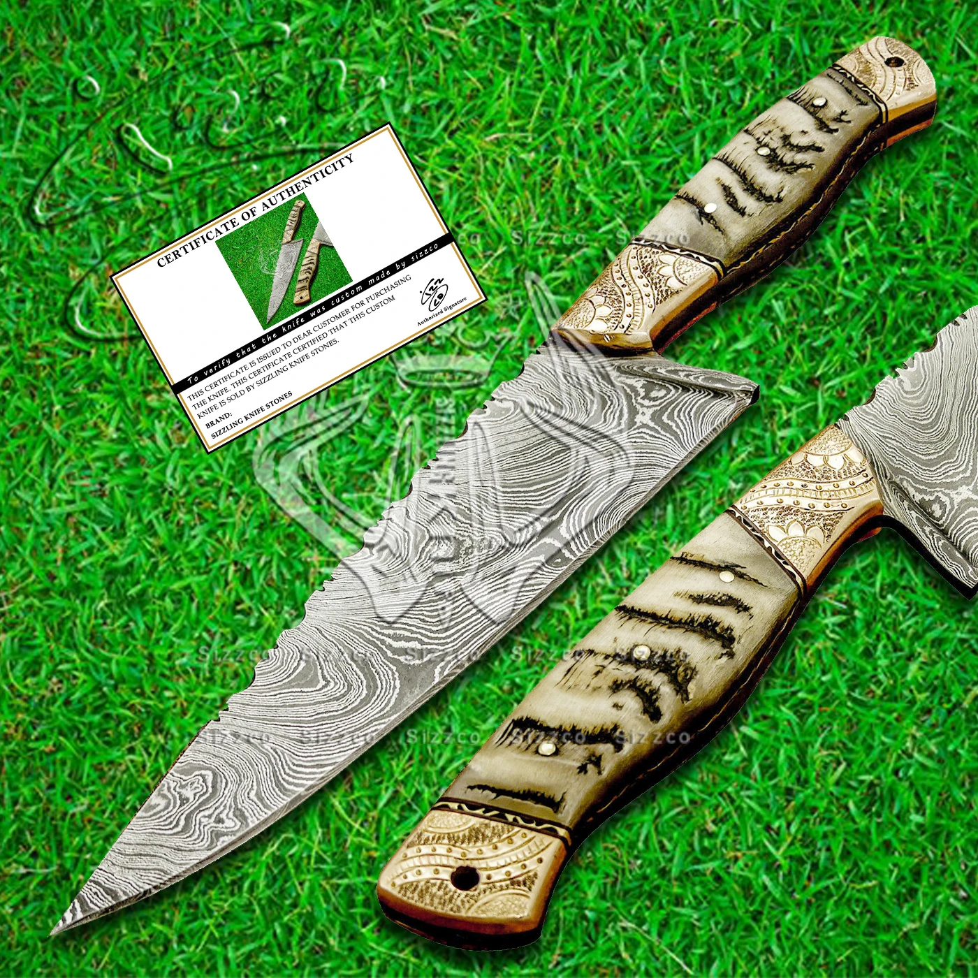 High Quality Custom Damascus Steel Kitchen Chef Knife Handle Ram Horn, Engraved Brass, Leather Sheath Top Rated Selling item