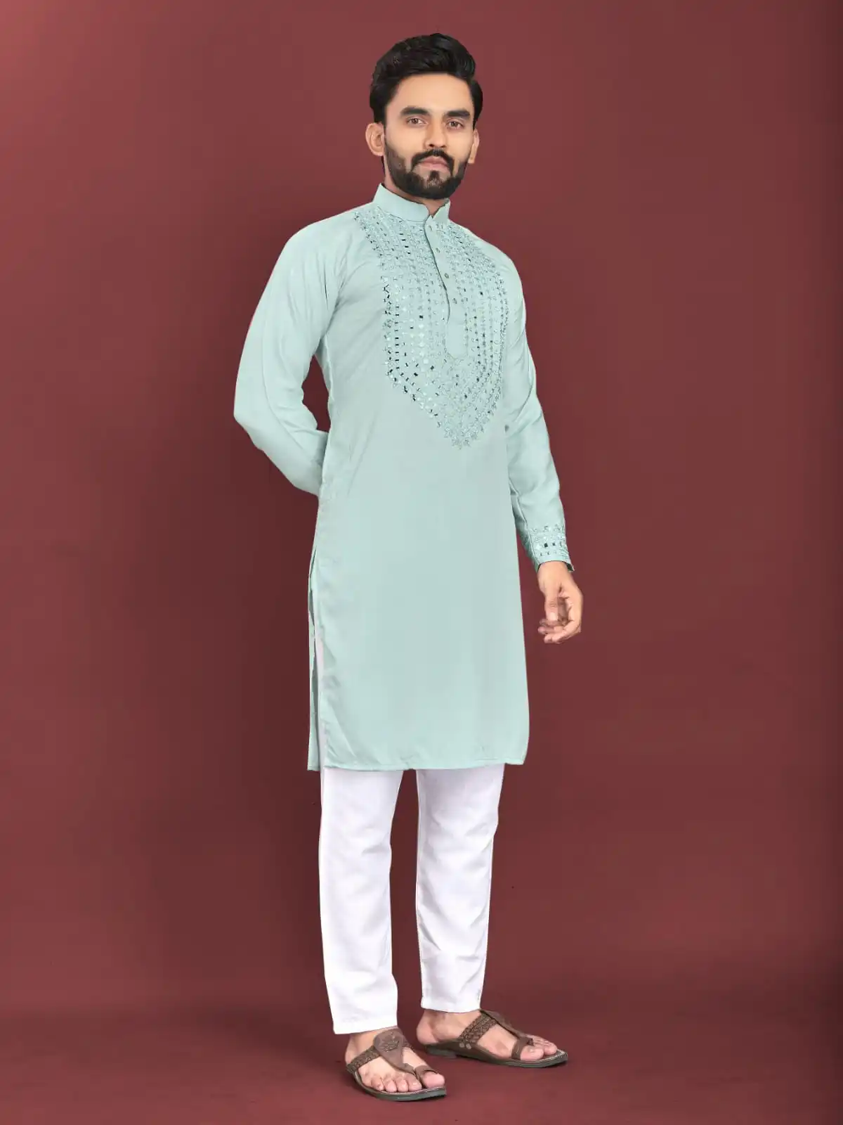 INDIAN MEN KURTA PAJAMA WITH REAL MIRROR HANDWORK DESIGN ON NECK & SLEEVE