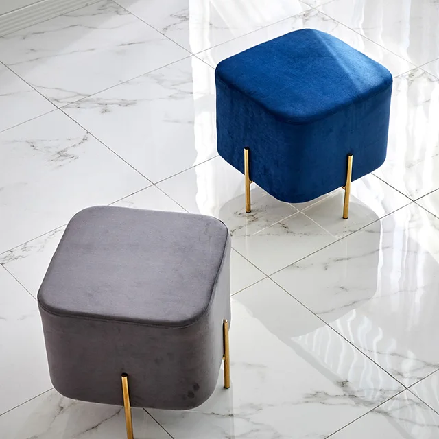 Luxury Bar Stool Modern Comfortable Velvet fabric Golden Steel Leg Square Sitting Ottoman Foot Stool Pouf for Home Hotel Shop