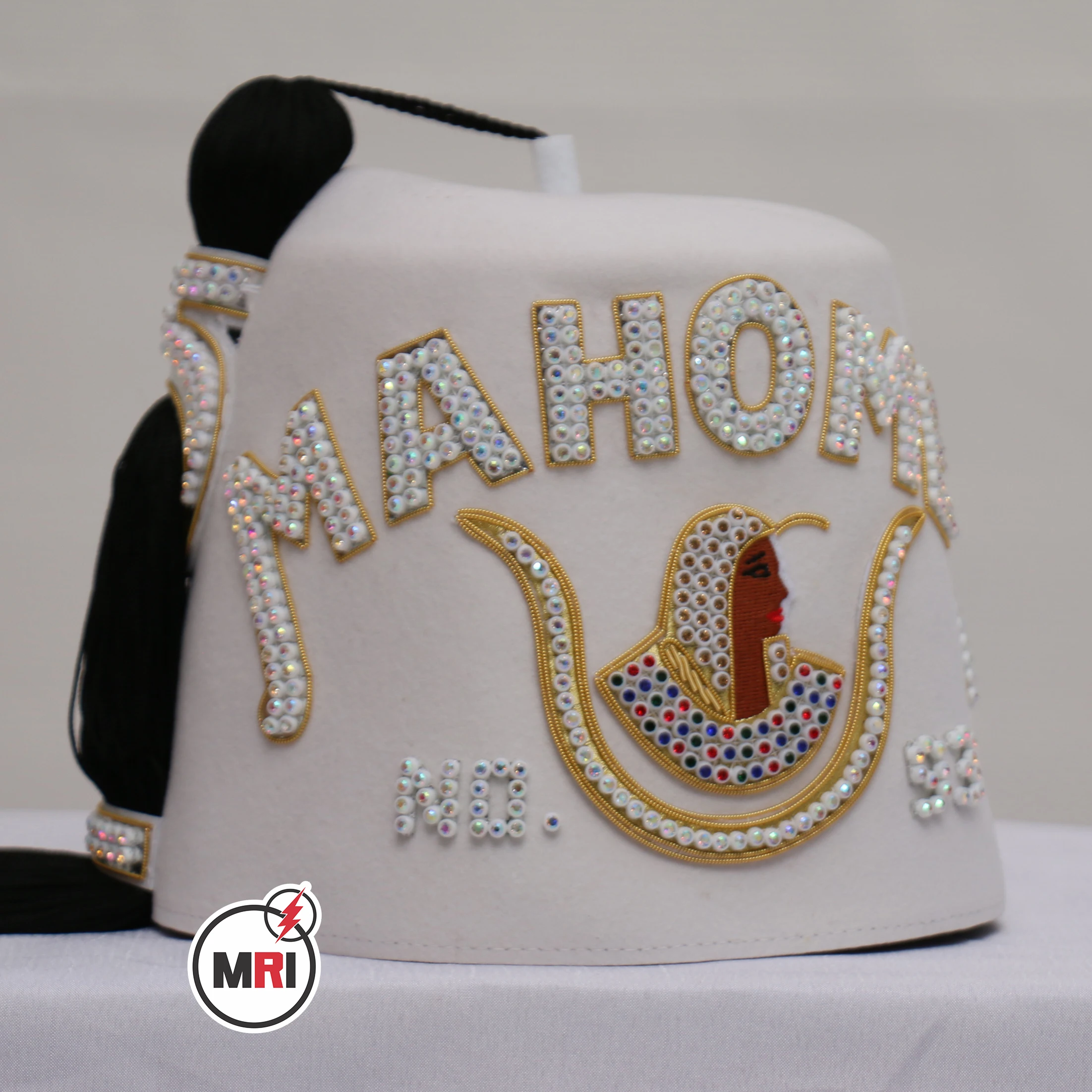DOI MAHOMET Fez Golden Bullion Two Rows White Fezzes Hand Embroidered Custom Court and Number 2 Two Rows White Fez