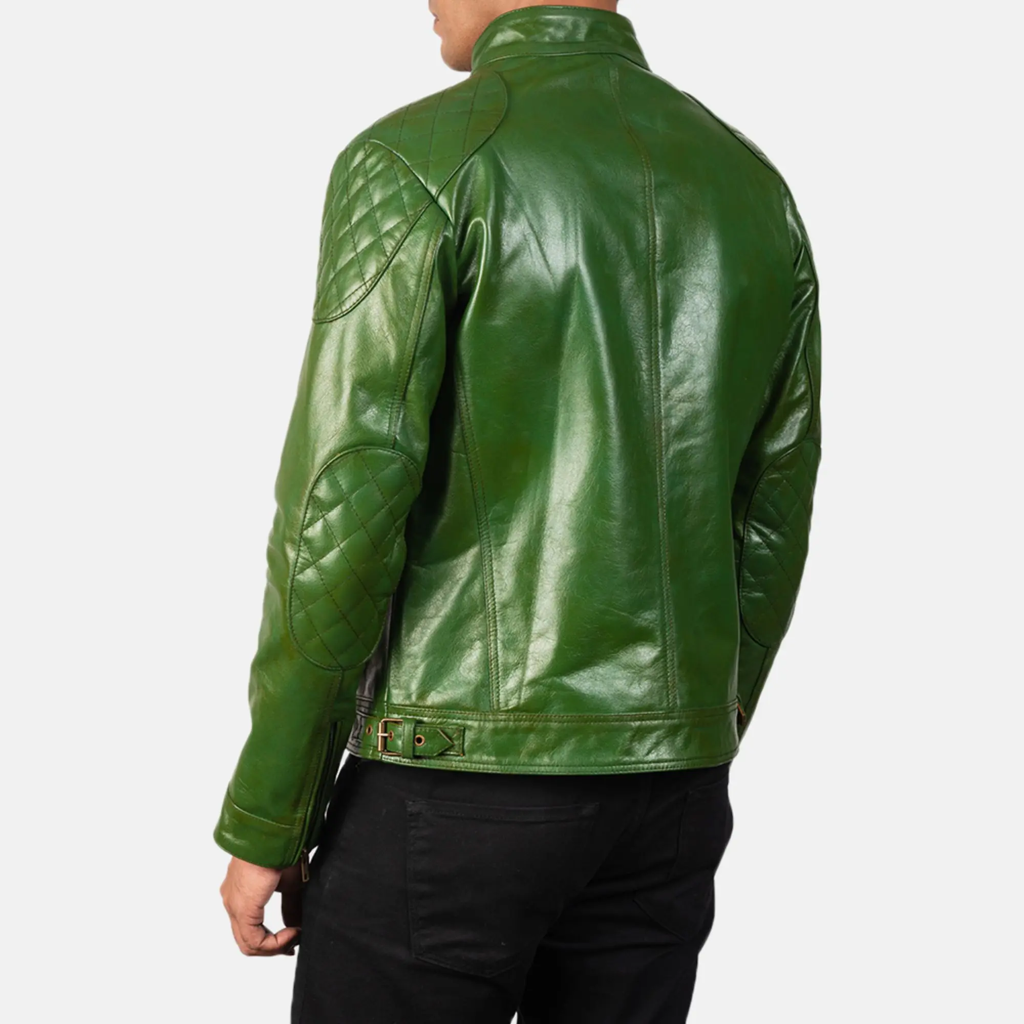 Real Leather Sheepskin Aniline Zipper Gatsby Green Biker Jacket with Quilted Viscose Lining and Inside Outside Pockets