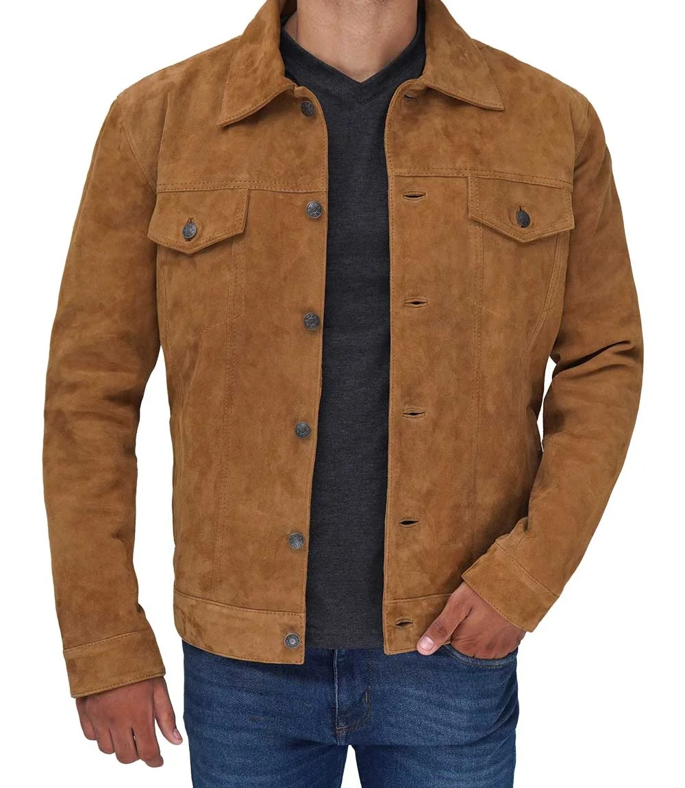 Super New Mens Suede Tan Leather Jacket  Windbreaker Leather Biker Jacket With Shirt collar with easy to fasten buttons Suede Ja