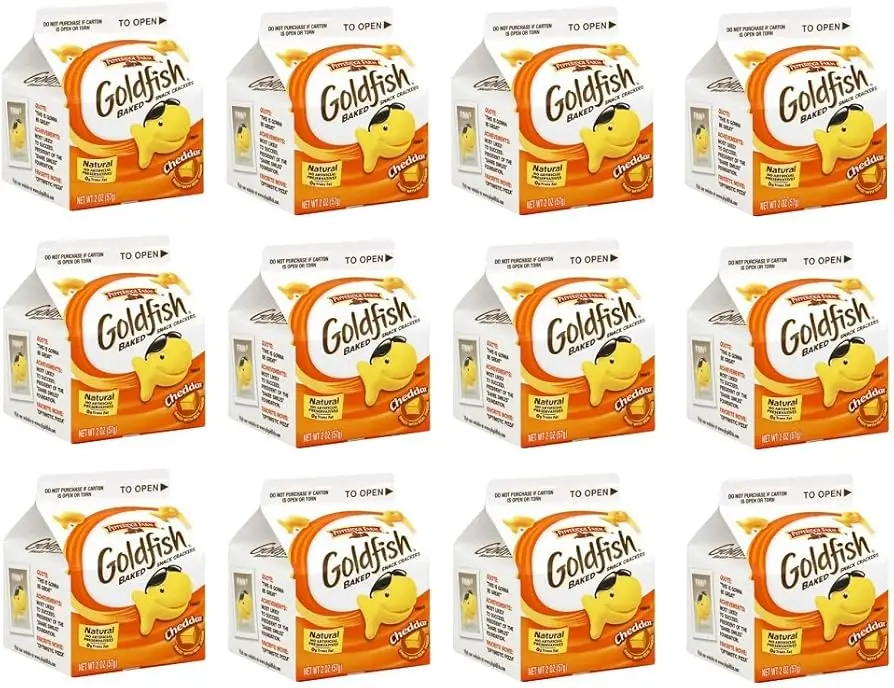 GOLDFISH Crispy Baked Snack Crackers Sugar-Free Wafers in Bar Pattern Box Packaging with Sweet Salty & Spicy Flavors