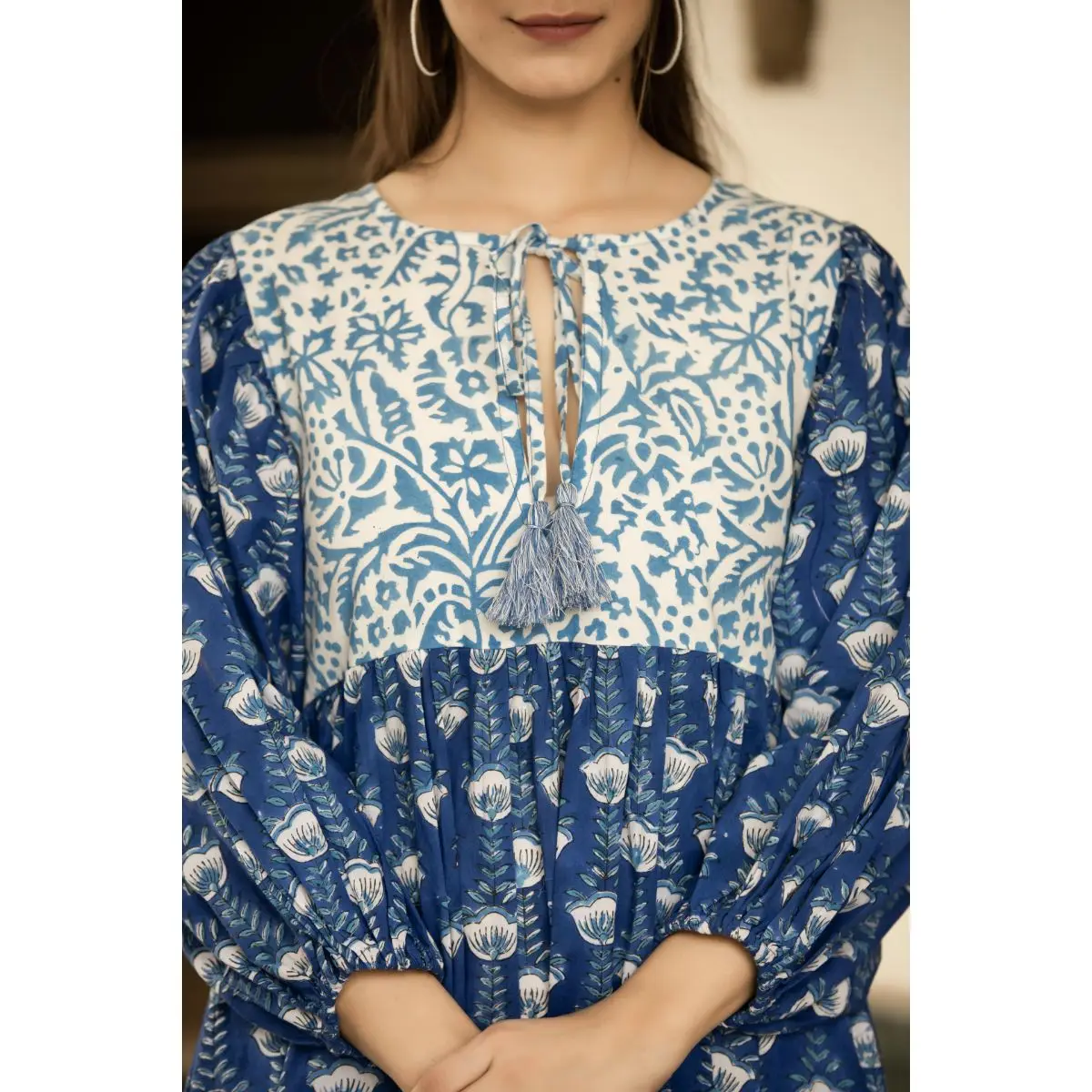 Blue And White Hand Block Printed Beautiful Cotton Women Dress Floral Beach Wear Light Weight Dress