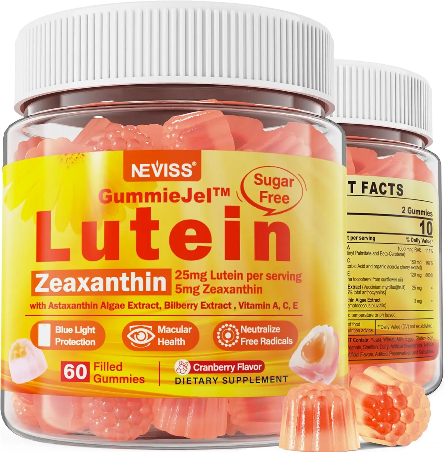 Vigo-Sugar-Free Lutein Zeaxanthin Supplements Gummies (25mg) Vitamins A, C, E,Bilberry, Astaxanthin - Coconut Oil for Eye Health