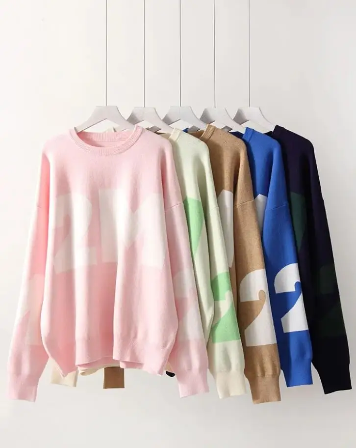 2024 Фабричный индивидуальный высококачественный модный Свободный пуловер с длинным рукавом вязаный простой жаккардовый хлопковый свитер больших размеров