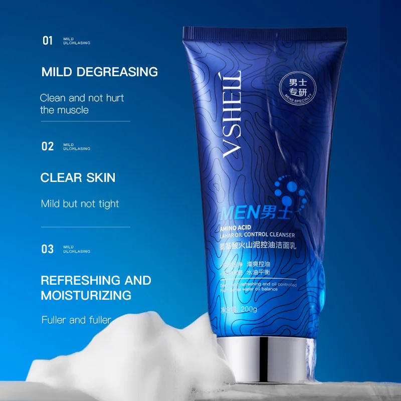 Mens Amino Acid Volcanic Mud Oil Control Face Cleanser 200ml Deep Cleansing & Pore Tightening Volcanic Mud Facial Wash for Men