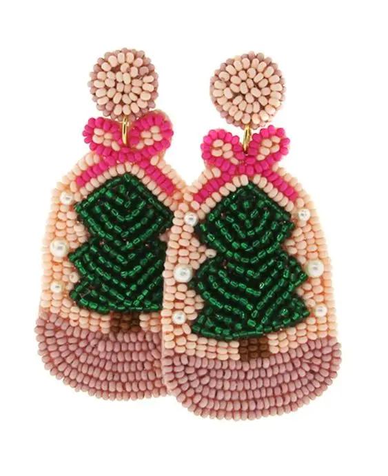 Fashionable Festive Christmas Tree Design Earrings Seed Bead Embroidery Accessory Featuring Star Pattern Stones-Diamond Pearl