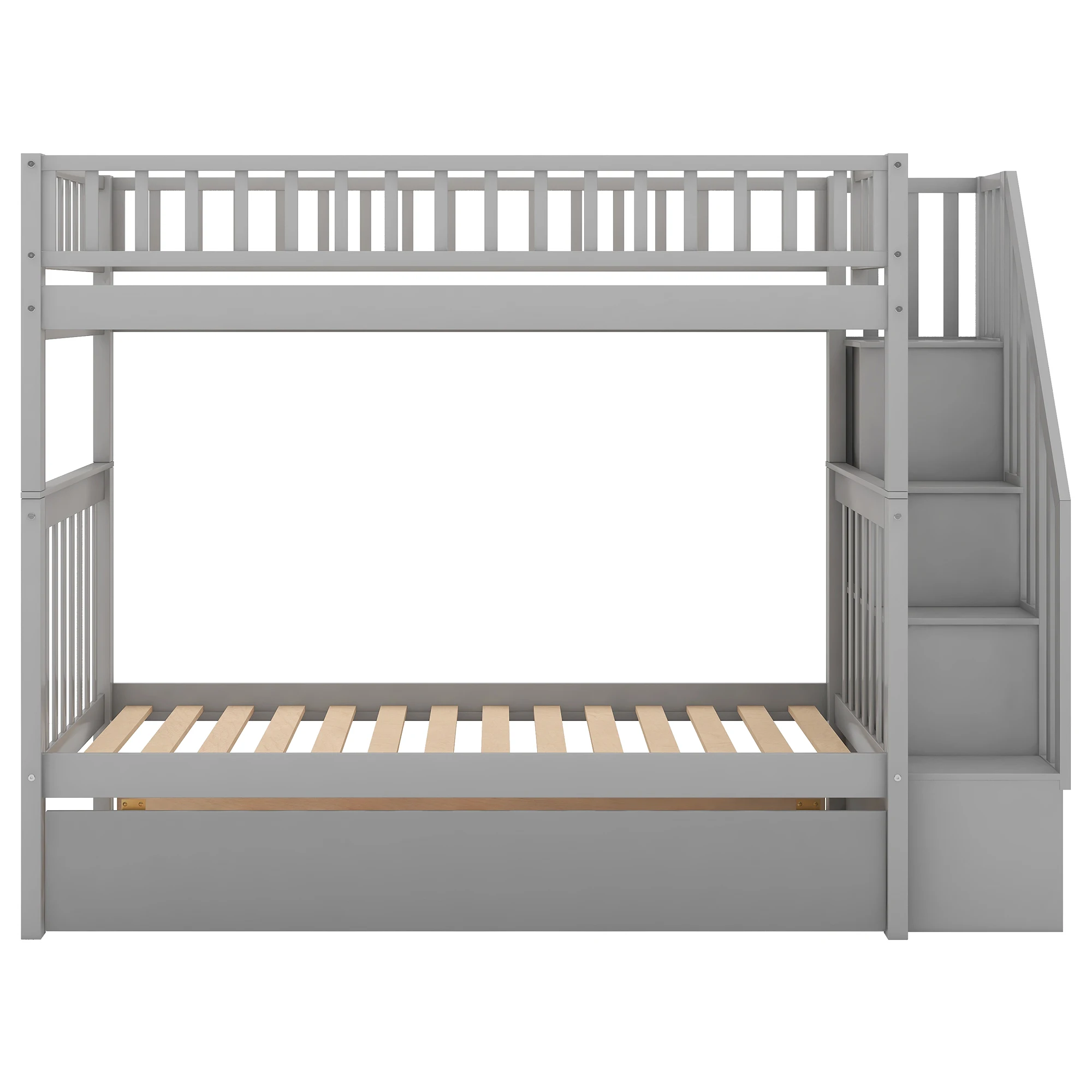 Twin Over Twin Bunk Bed with Ladders and Two Storage Drawers, Solid Wood Floor Bed frame with Guardrail, Floor Bed for Kids