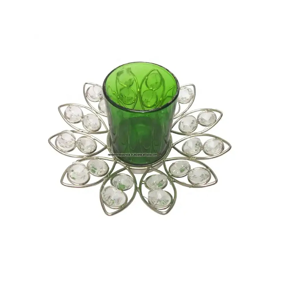 New arrival good quality Decorative Diamond Tea Light Holder With Green Glass For Restaurant Decorations At Best Price