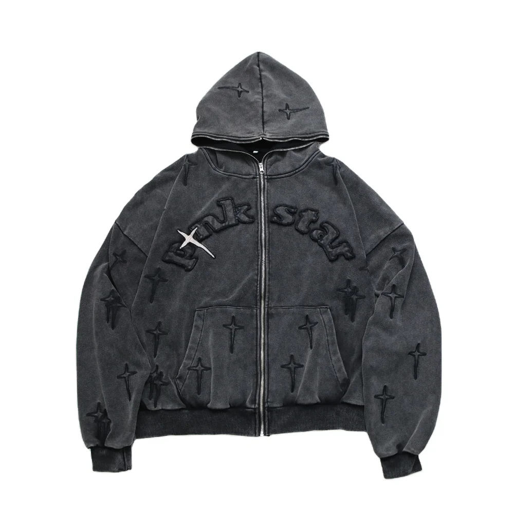 Vintage Hoodie High Quality 100% Cotton Acid Washed Hoodie Heavy Weight Streetwear 460g Distressed Sweater Plus Size Hoodies