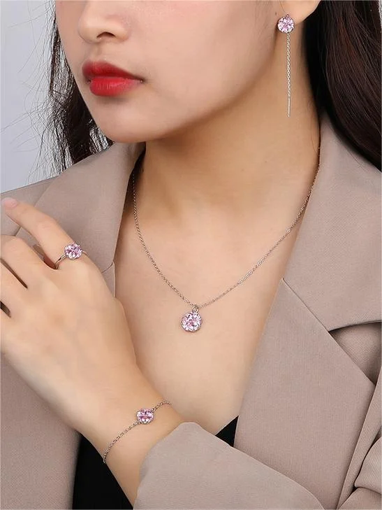 925 Sterling Silver Pink Zircon Four Leaf Clover Pendant Necklace Bracelet Earrings Sets Fine Jewelry Set