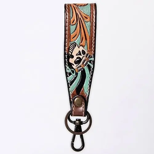 Leather Wristlet Key Fobs Embossed Floral Print Leather Key Rings Hand Tooled Leather Accessories Key Straps