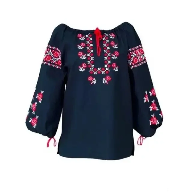 Vintage Romanian Summer Cotton Blouse Embroidered Long Sleeves O-Neck Top Patterned Drawing Logo Back  Fashion Shirt