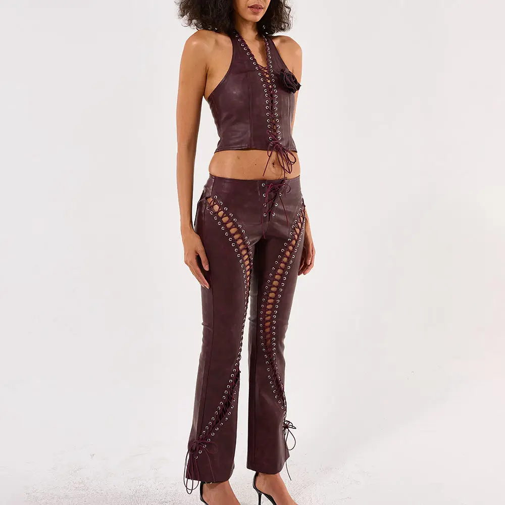 Custom Logo Faux Leather PU Women 2 Piece Set Outfits Halter Neck Crop Top and Wide Leg Pants Set