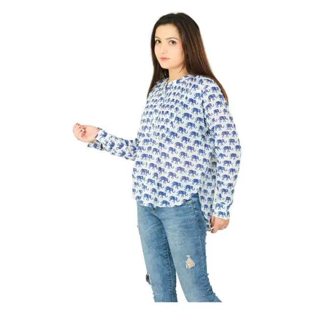 Casual women top block print shirt summer wear handmade cotton blouse full sleeve