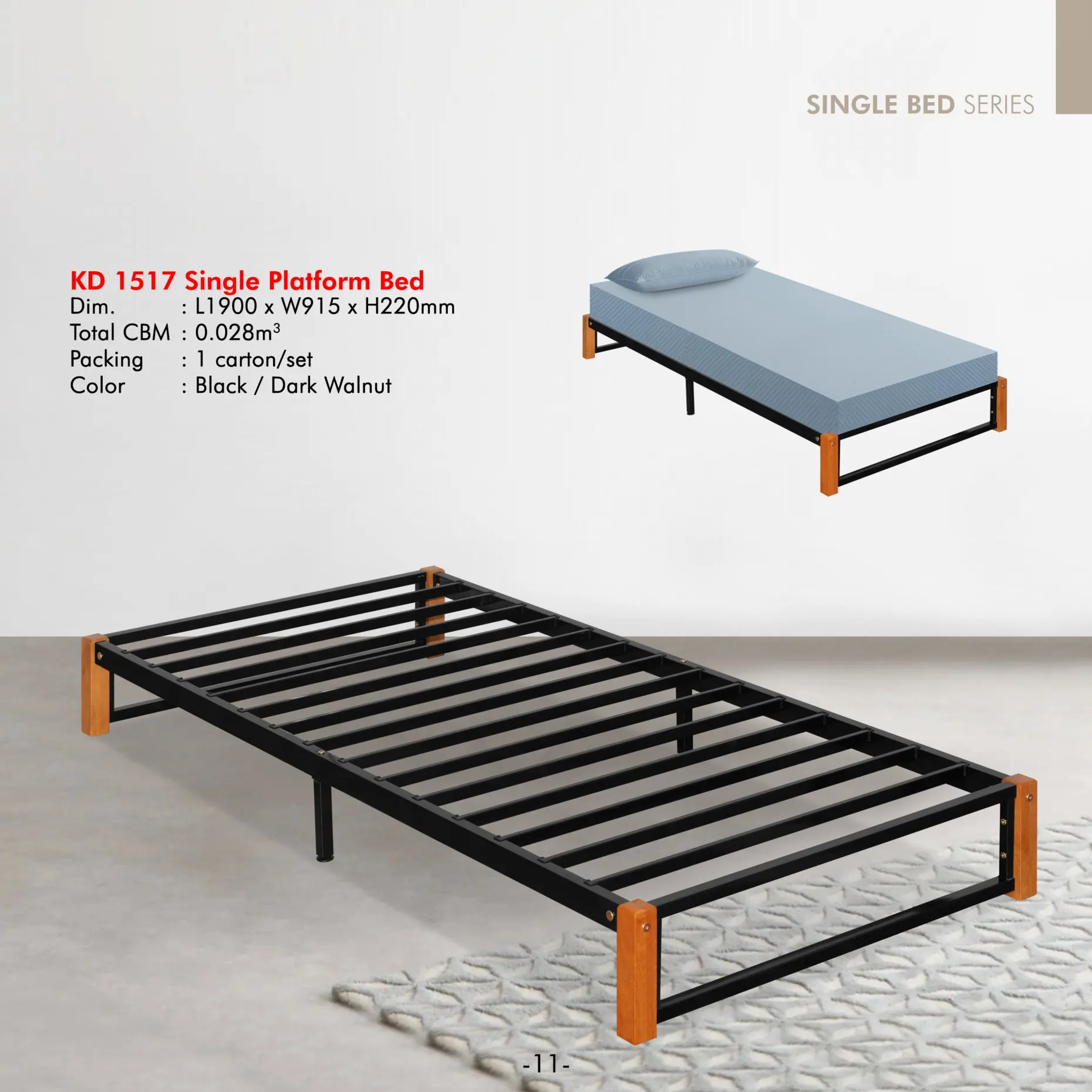 Wooden & Metal Single Platform Bed KD-1517 Malaysia