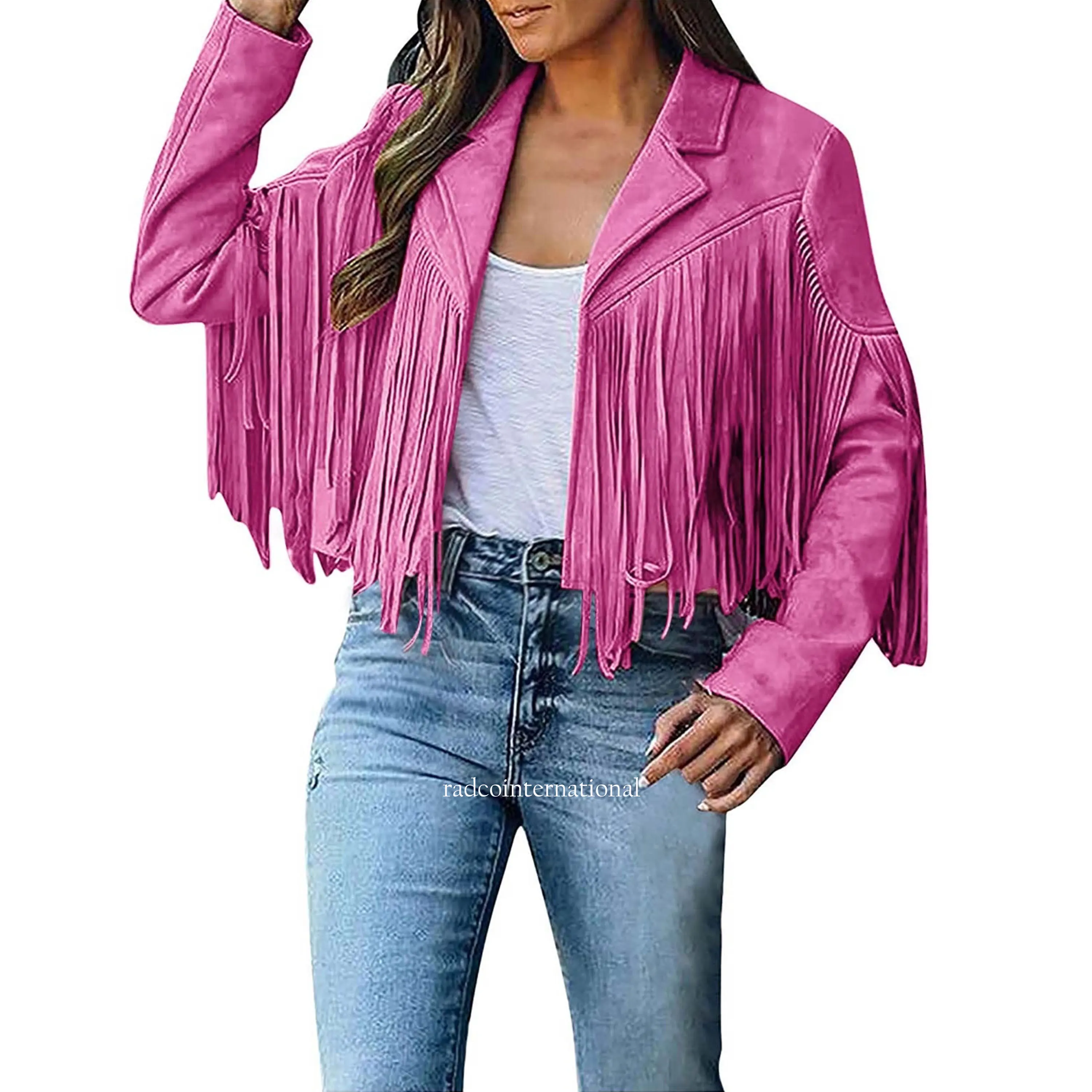 Women Trench Coats Fringe Style Coat for Women Faux Suede Leather Jacket Long Sleeve Cardigan Coat Hot Pink