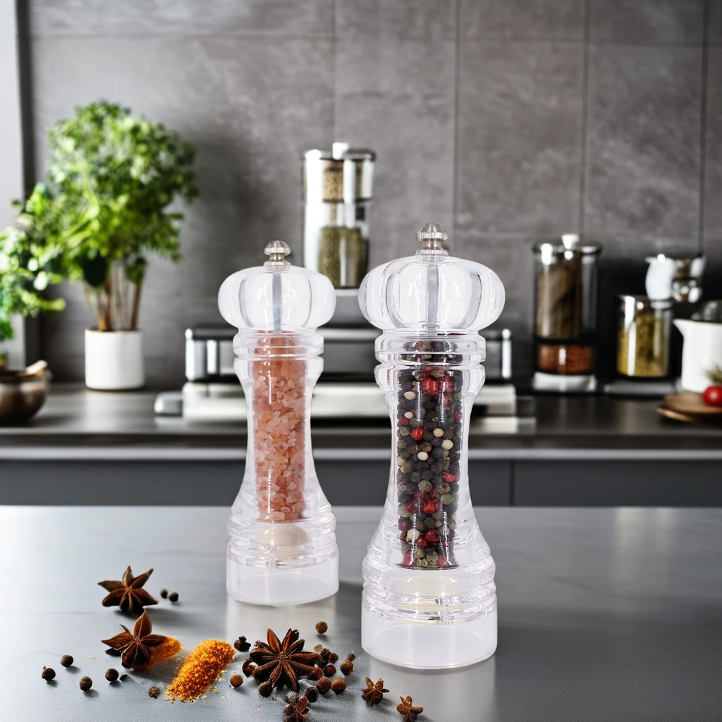 Trendy 4-7 Inch Clear Acrylic Manual Salt Pepper Grinder 4 Sizes Option Ceramic Plastic Material for Home Use Packed in Box