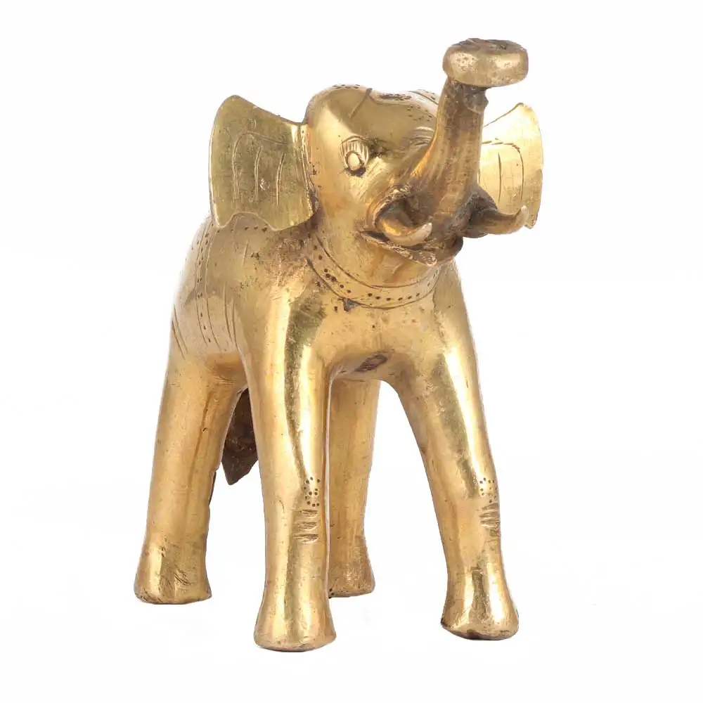 Handmade Indian Brass Golden Elephant With Raised Trunk Sculptures Figurine Statue Home Decor Gift Items 10 x 5 cm SNC-111