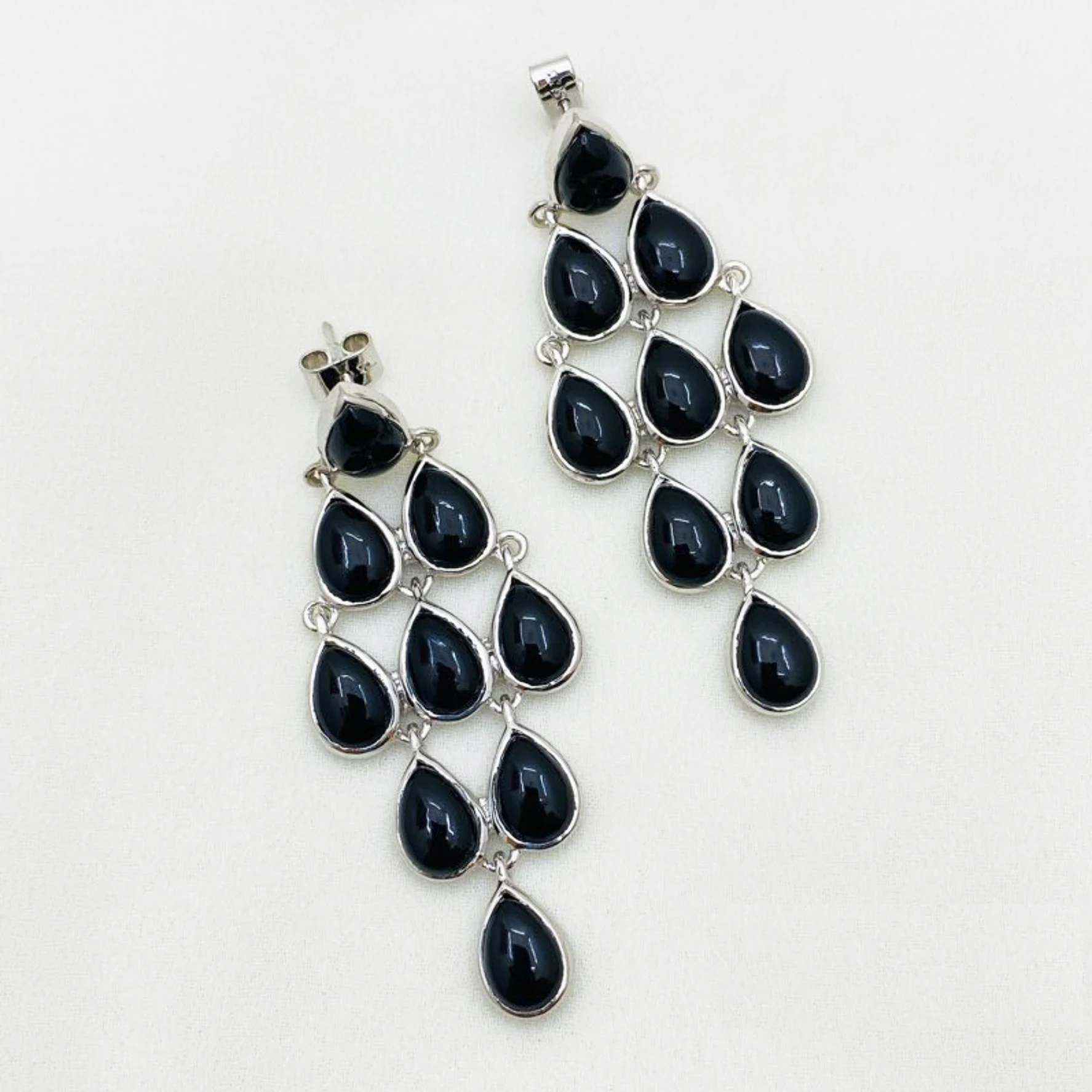 Attractive Stylish Design 925 Sterling Silver Earrings with Black Onyx Pear Cabochons
