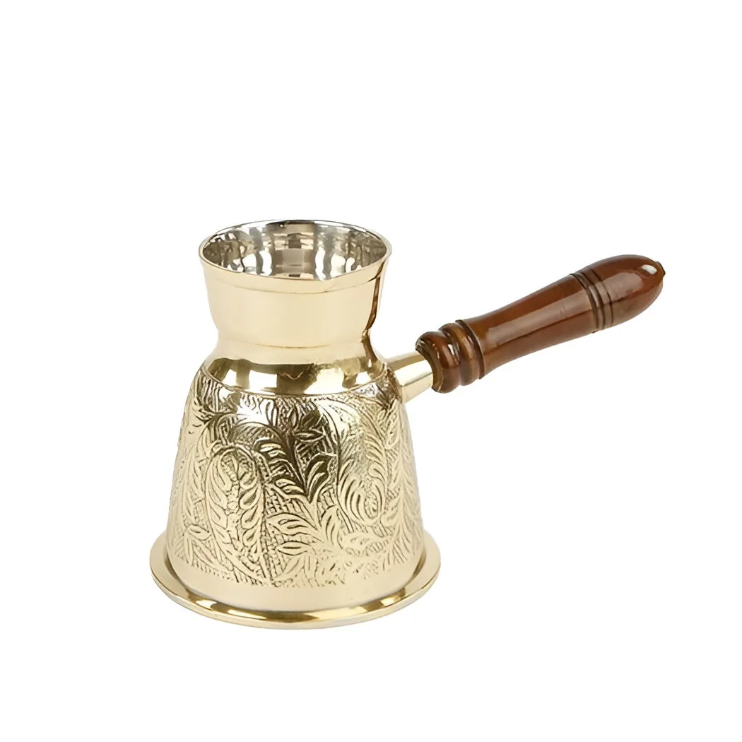 Turkish Greek Brass Coffee Pot Cezve With Wooden Handle Tea making Pot Set in Design Handicraft