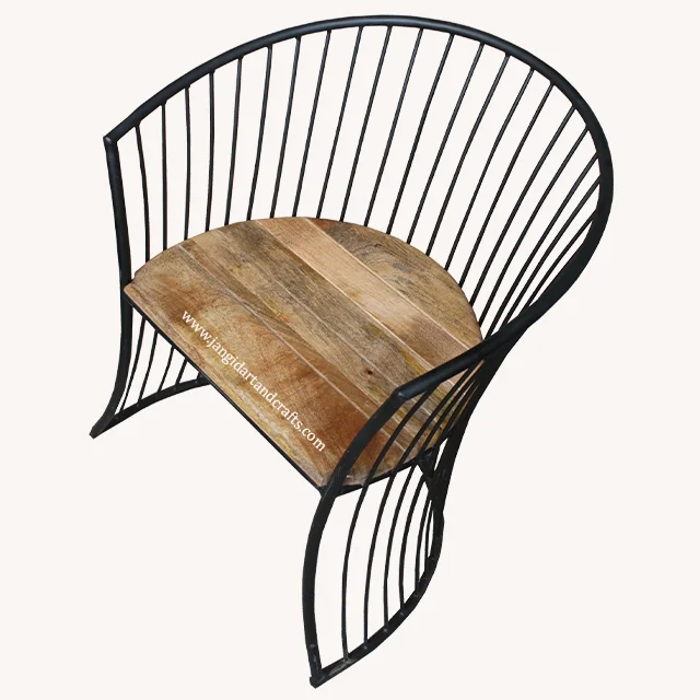 Industrial Iron Mess Wire Outdoor Garden Chair with Mango Wooden Top Indian Hotel and Restaurant Furniture Supplier