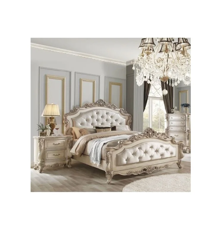 Royal Velvet Upholstered Double Bed Frame King Size  Europe style royal furniture luxury classic carved wooden double bed