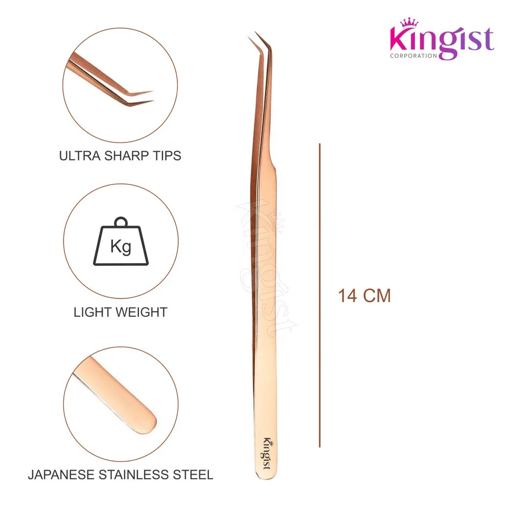 Private Label Stainless Steel Slim SS Curved Eyelash Extension Tweezers in Beautiful Rose Gold Color