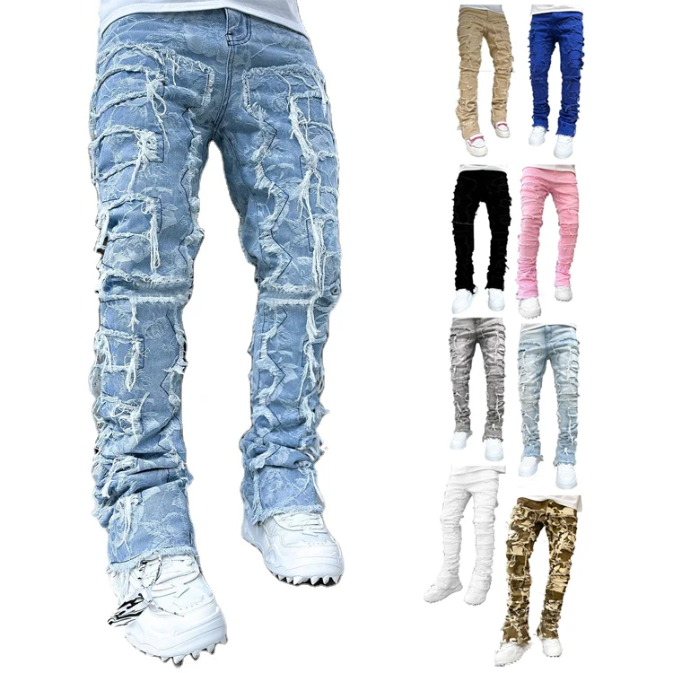 Wholesale Blue Black Camo Denim Jeans Pants New Style Mens Patches Stacked Jeans Straight Flared Jeans for Men