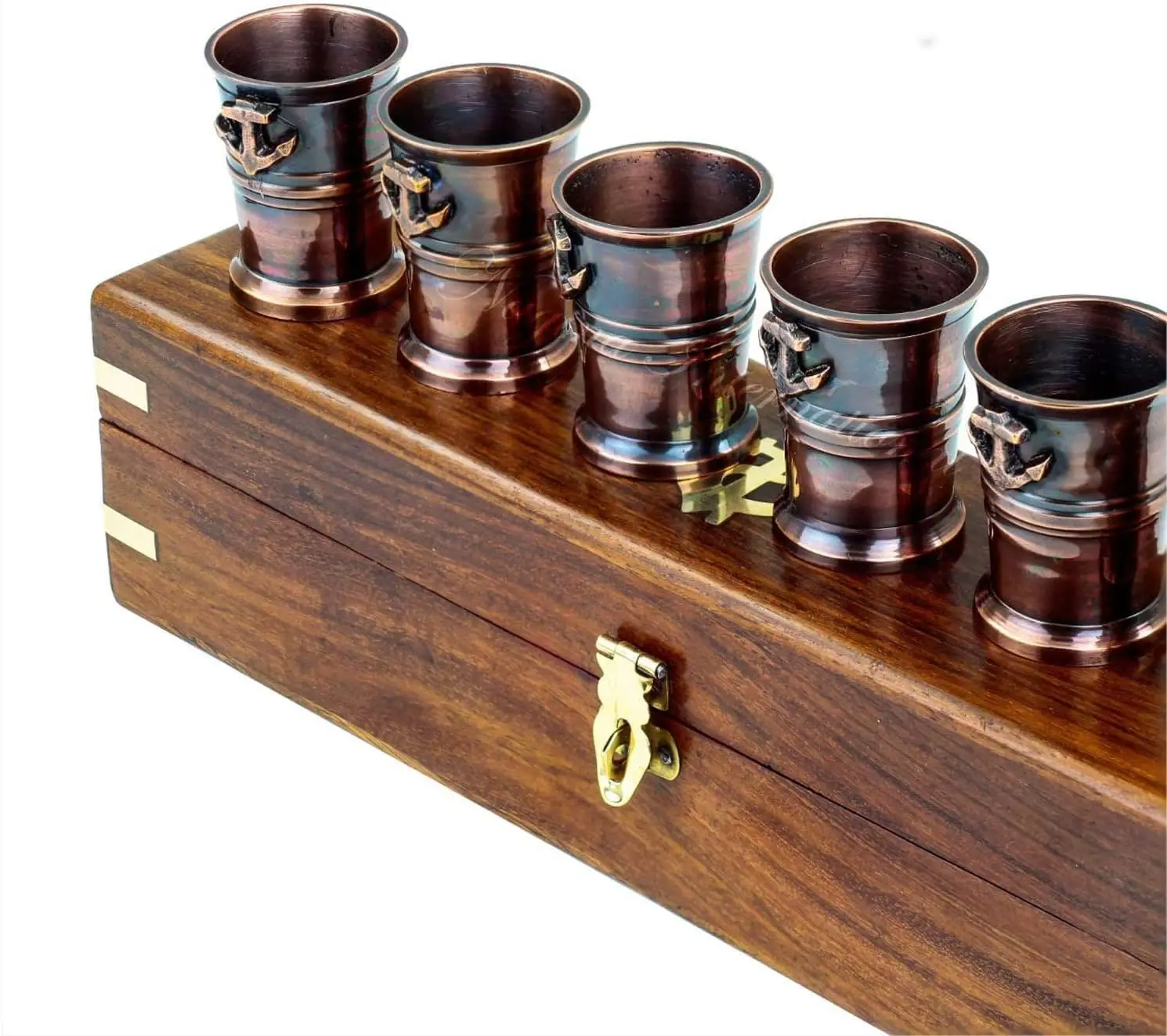 6 Brass Antique Shot Glasses Hotel & Bar Wine Drinking Shot Glasses with Anchor Wooden Box Nautical Beer Glass Set of 6 Bar-Ware