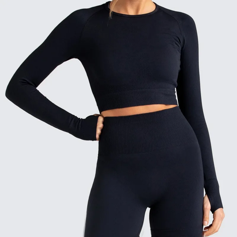European and American hot selling new sports top knitted seamless solid color long sleeve yoga exercise fitness long sleeve top